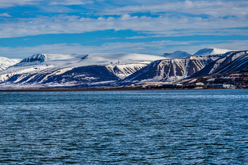 norway landscape ice nature of the glacier mountains of Spitsbergen Longyearbyen Svalbard arctic ocean winter polar day sunset sky