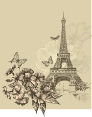 Vintage background with Eiffel Tower and blooming phlox, hand drawing. Vector illustration. - 274846606