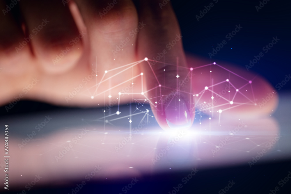 Poster finger touching tablet with global network concept and dark background