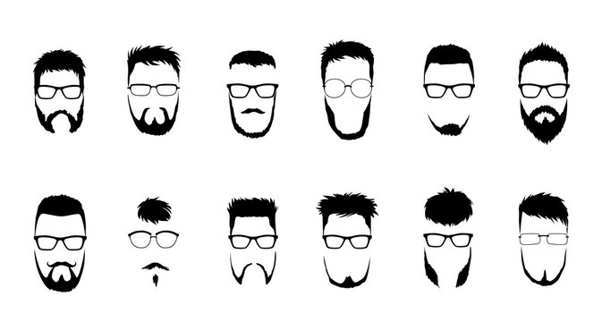 Set of vector bearded men faces, hipsters with different haircuts, mustaches, beards. Silhouettes, emblems, icons, labels.