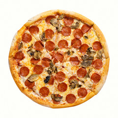Italian cuisine. Fresh pepperoni pizza. Salami and mushrooms pizza isolated on white background.