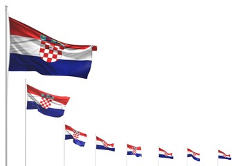 pretty holiday flag 3d illustration. - many Croatia flags placed diagonal isolated on white with space for text
