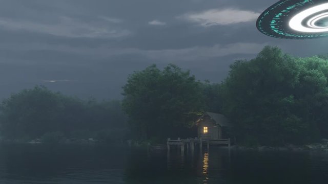 3d render of a UFO above a lake house