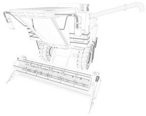 Industrial 3D illustration of thin contoured, detailed 3D drawing of agricultural harvester with grain pipe isolated, food industry machine research concept