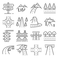 vector illustrations line road and highway, traffic and driving icons set