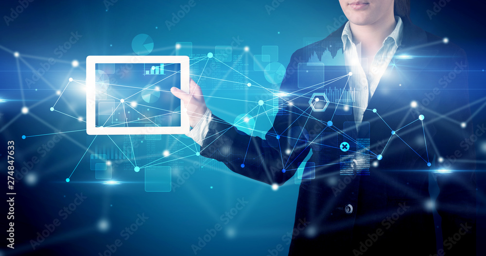 Poster elegant hand holding tablet with virtual database and network concept