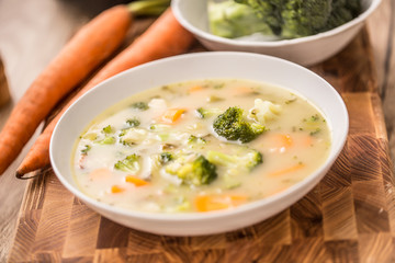 Vegetable soup from broccoli carrot onion and other ingredients. Healthy vegetarian food and meals
