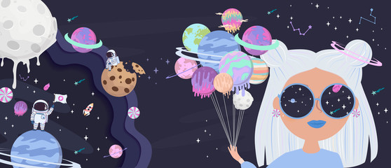 ПечатьSpace girl cartoon poster with fantasy sweets planets, stars, candy and girl. Birthday party invitation, Fantasy galaxy game concept. Editable vector illustration