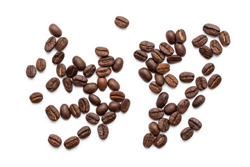 top view of coffee beans isolated on white background,
