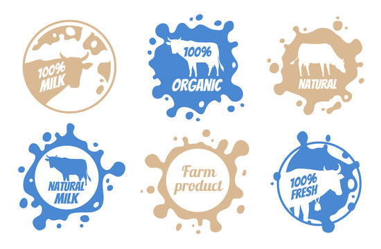 Dairy vintage vector logos, milk badges, cheese packaging labels with farm animal. Dairy badge of set, fresh milk product label and badge illustration.