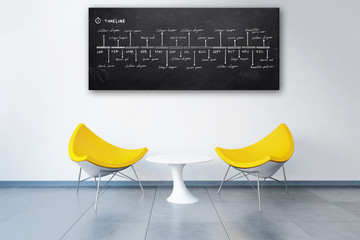 3d rendered modern office with business plan doodles on a blackboard above two chairs like in a...
