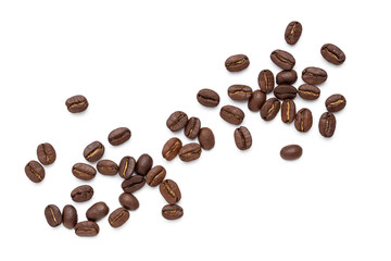 top view of coffee beans isolated on white background,