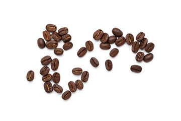 Fototapeta premium top view of coffee beans isolated on white background,