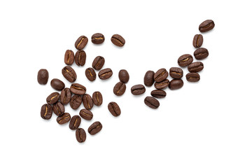 top view of coffee beans isolated on white background,