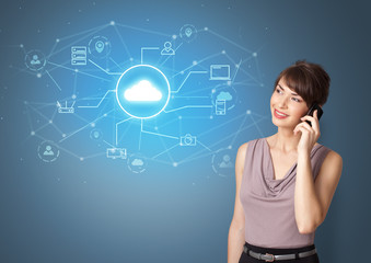 Young smiling person presenting office cloud technology concept
