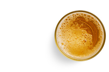 top view of beer bubbles in glass cup on white background. empty space for design.