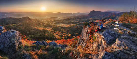 Slovakia forest autumn panorana landscape with mountain at sunrise