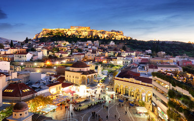 Athens, Greece -  Monastiraki Square and ancient Acropolis - obrazy, fototapety, plakaty