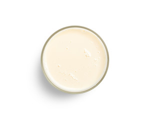 Cup with soy milk bubble foam isolated on white background, top view