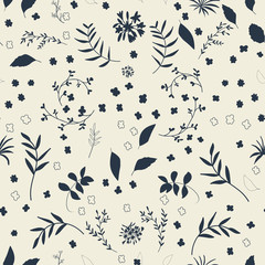 Seamless floral pattern with flowers and leaves. Modern background with hand drawn elements.