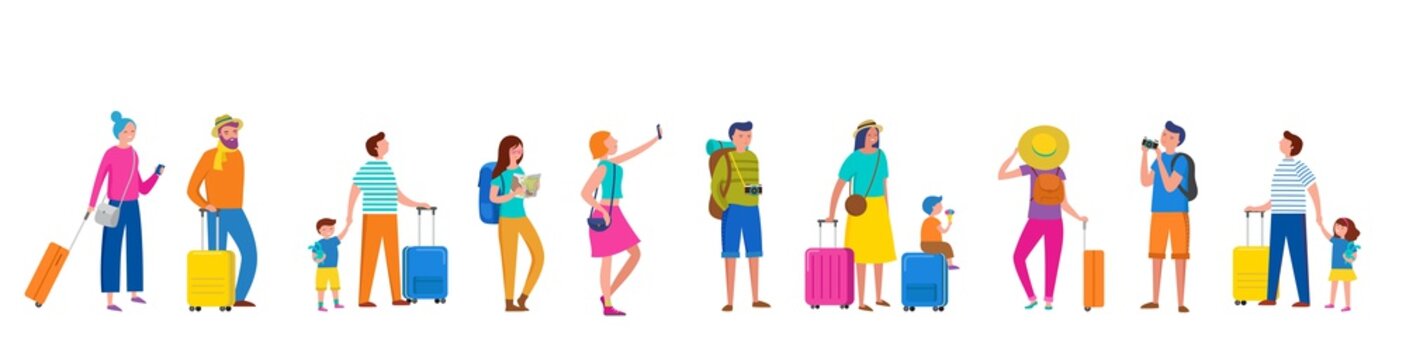Line of people, couples and families with suitcase. Traveling and tourism concept design. Vector illustration