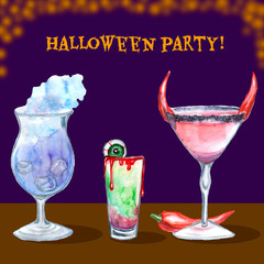 Halloween cocktails. Halloween party. Hand-drawn watercolor cocktails. Background.
