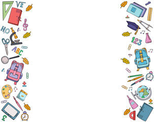 Set of vertical ornaments of school supplies. Vector colorful illustration. Hand drawings isolated on white background.