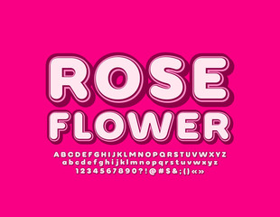 Vector pink banner Rose Flower with retro Alphabet. Beautiful decorative Alphabet Letters, Numbers and Symbols