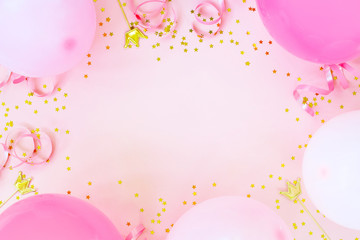 Pink birthday background with balloons, confetti and streamers