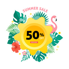 Obraz premium Summer sale banner with flamingo and tropical leaves background, exotic floral design for banner, flyer, invitation, poster, web site or greeting card. Vector illustration