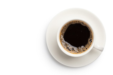 top view of coffee black in cup isolated on white background. copy spec design, with clipping path.