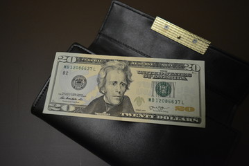 Twenty dollars is on a black wallet made from genuine cowhide leather. One banknote, US currency...