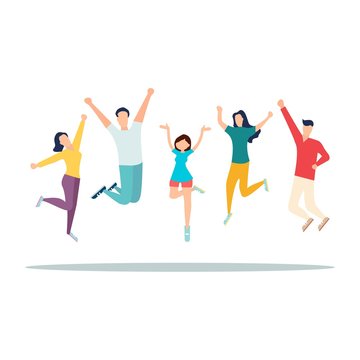 Vector illustrator, a group of happy, jumping people with happinesson a white background,