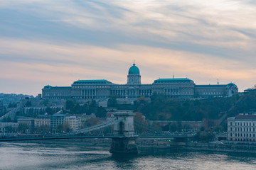 Sunset view of the famous Sz&eacute;chenyi Chain Bridge with Buda Castle