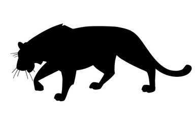 Black silhouettes adult big red tiger stand on ground wildlife and fauna theme cartoon animal design flat vector illustration isolated on white background