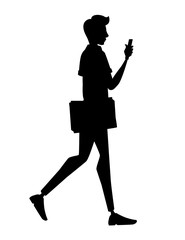 Black silhouettes man goes and holds in one hand a folder for paper in the other hand a smartphone cartoon character design flat vector illustration