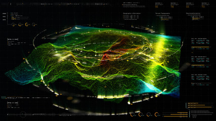 Futuristic Holographic Terrain environment, geomorphology, topography and digital data telemetry information display motion graphic user interface head up display screen