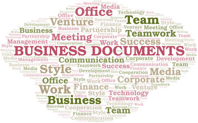 Business Documents word cloud. Collage made with text only.