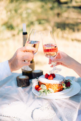 Couple of lovers celebrating their engagement at the dinner table