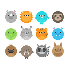 Cute vector icon set of random wild, zoo animals. Round animal illustrations; rhinoceros, lion, seal, sloth, snake, lynx, cheetah, hippopotamus, platypus, walrus, lemur, kangaroo. Isolated.