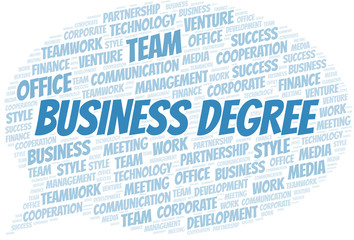 Business Degree word cloud. Collage made with text only.