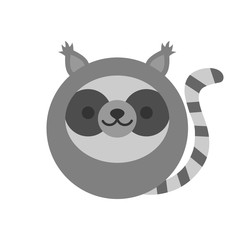 Cute lemur round graphic vector icon. Black, grey and white furry lemur with tail, animal head, face illustration. Isolated.