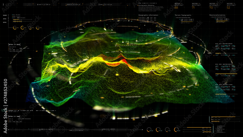 Aufkleber Futuristic Holographic Terrain environment, geomorphology, topography and digital data telemetry information display motion graphic user interface head up display screen