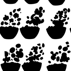 Fototapeta premium Black silhouette Seamless pattern of vegetables salad with different ingredients. Salad fall to transparent bowl. Fresh vegetables cartoon design food. Flat vector illustration on white background