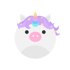 Cute unicorn round graphic vector icon. White, grey unicorn with pink nose, purple mane and rainbow horn. Mythical creature head, face illustration. Isolated.