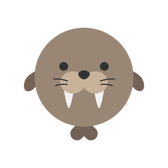Cute walrus round graphic vector icon. Brown walrus with teeth and flippers, animal head, face illustration. Isolated.