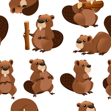 Seamless pattern of cute brown beaver. Cartoon character design. North American beaver Castor canadensis. Rodentia mammals. Happy animal. Flat vector illustration on white background