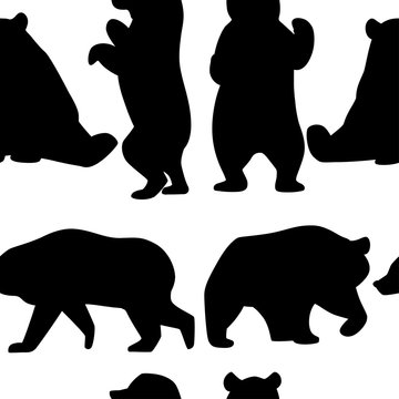 Black silhouettes seamless pattern of grizzly bears. North America animal, brown bear. Cartoon animal design. Flat vector illustration on white background