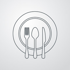 Icono plano lineal plato con cubiertos en fondo gris