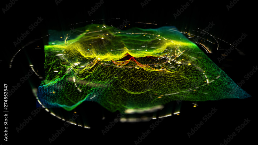Poster Futuristic Holographic Terrain environment, geomorphology, topography and digital data telemetry information display motion graphic user interface head up display screen